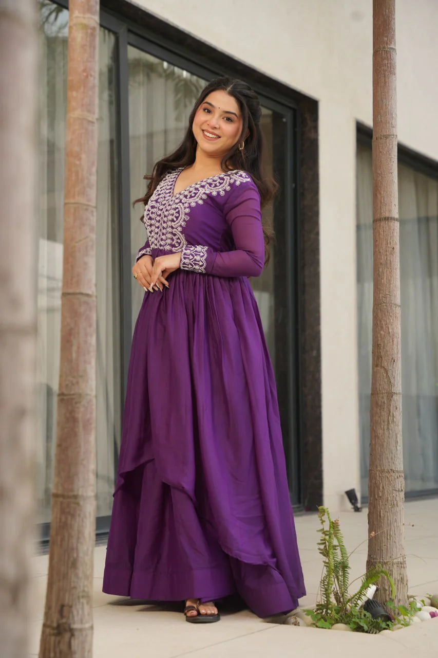 Impressive Purple Thread Embroidered Georgette Gown