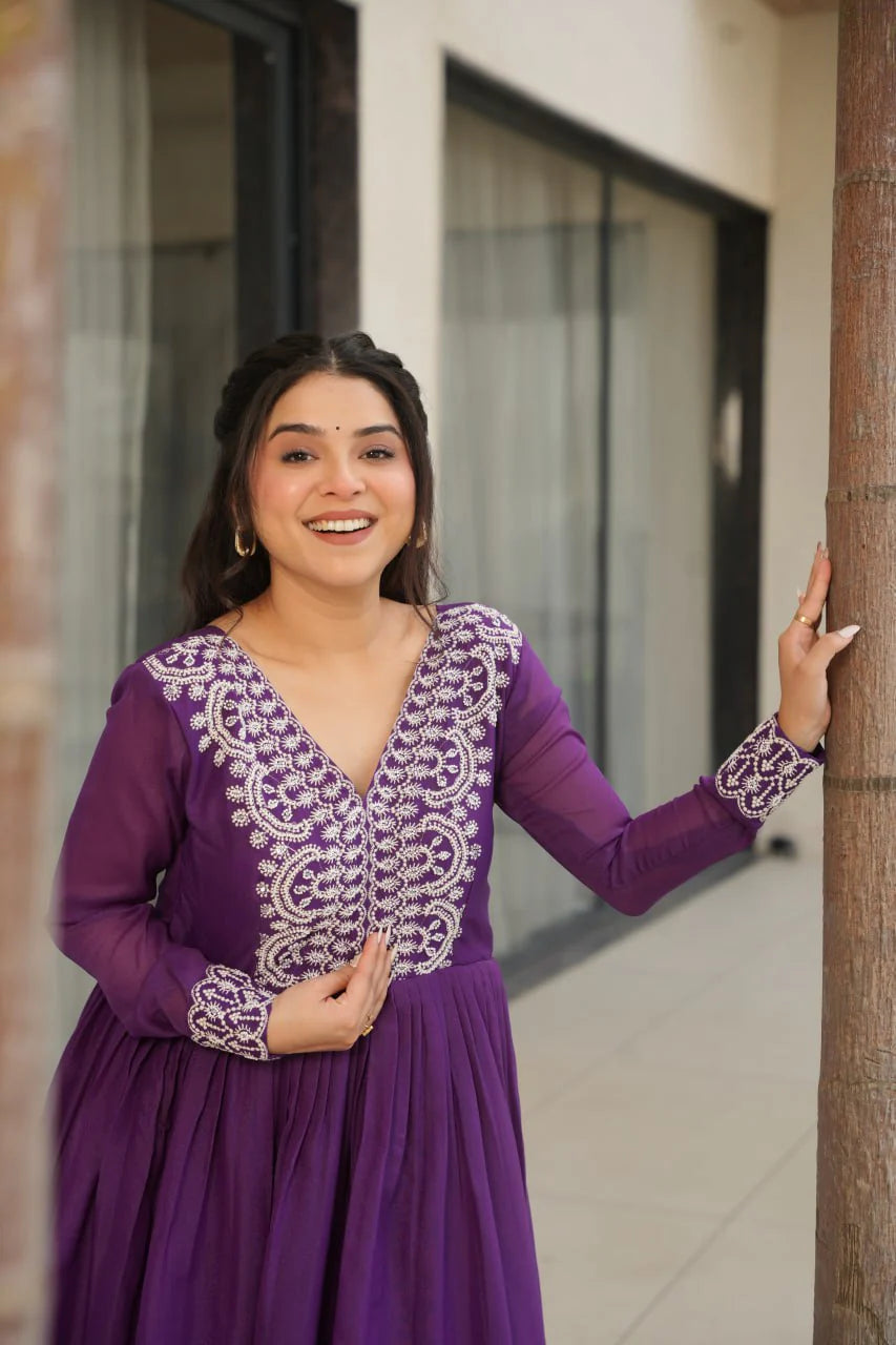 Impressive Purple Thread Embroidered Georgette Gown