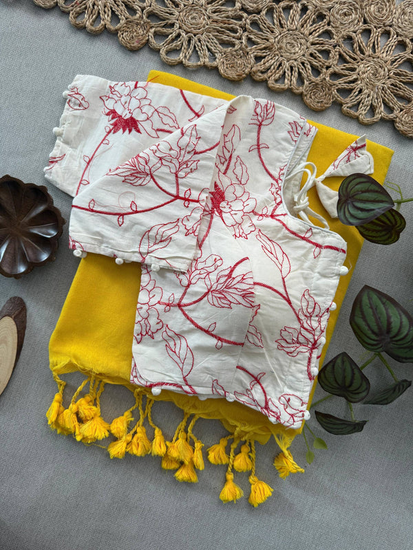 Yellow Handloom Cotton Saree With Embrodery Work Stitched Blouse
