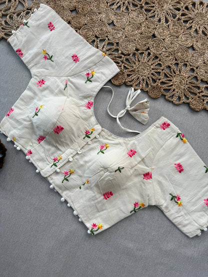 Baby Pink Khadi Cotton Saree With Embrodery Work Stitched Blouse