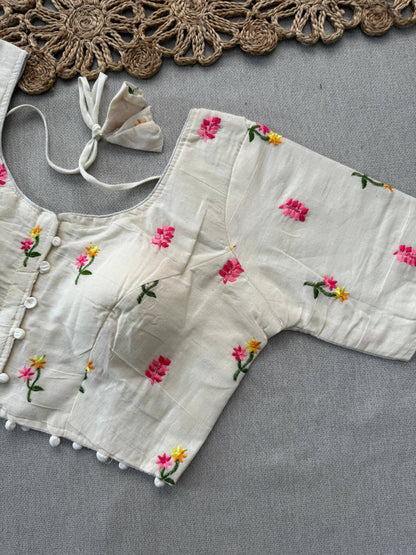 Baby Pink Khadi Cotton Saree With Embrodery Work Stitched Blouse