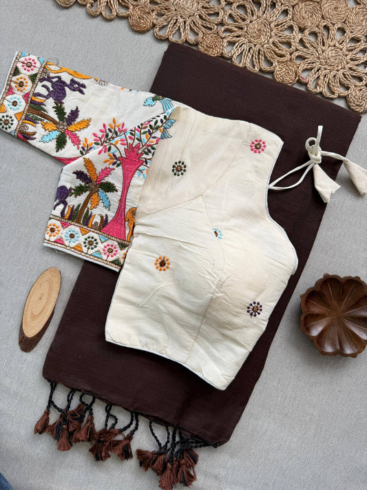 Vanika Brown Khadi Cotton Saree With Embrodery Work Stitched Blouse