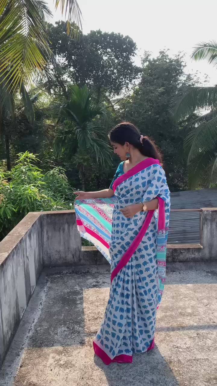 Lattest New Cotton Mul Mul Bagru/Sanganeri/Jaipuri Hand Printed sari With Blouse Daily/Festival/Party Wear Sari