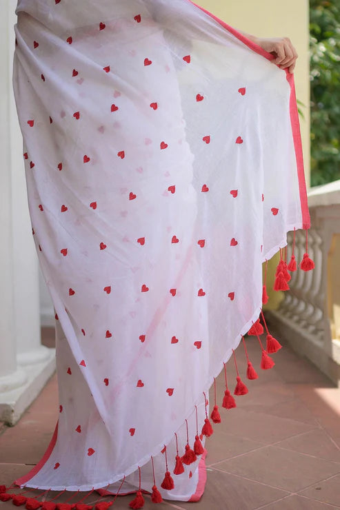 White And Red Love Mulmul Cotton Saree