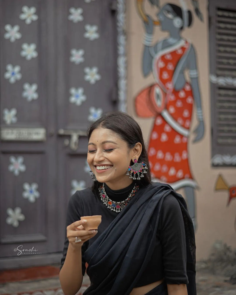 ATTRACTIVE BLACK COLOUR TRADITIONAL LOOKING CHANDERI COTTON SAREE