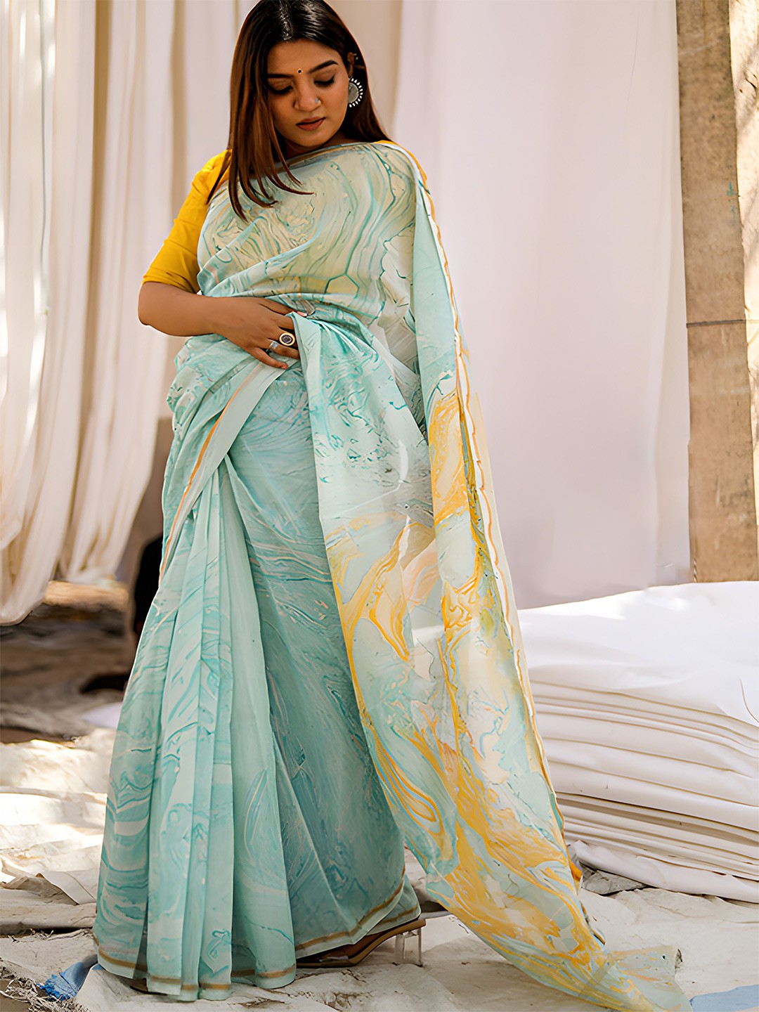 MARBLE PRINT CHANDERI SILK SAREE