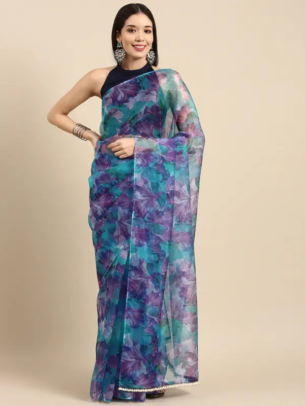 Multicolor floral print organza saree for women