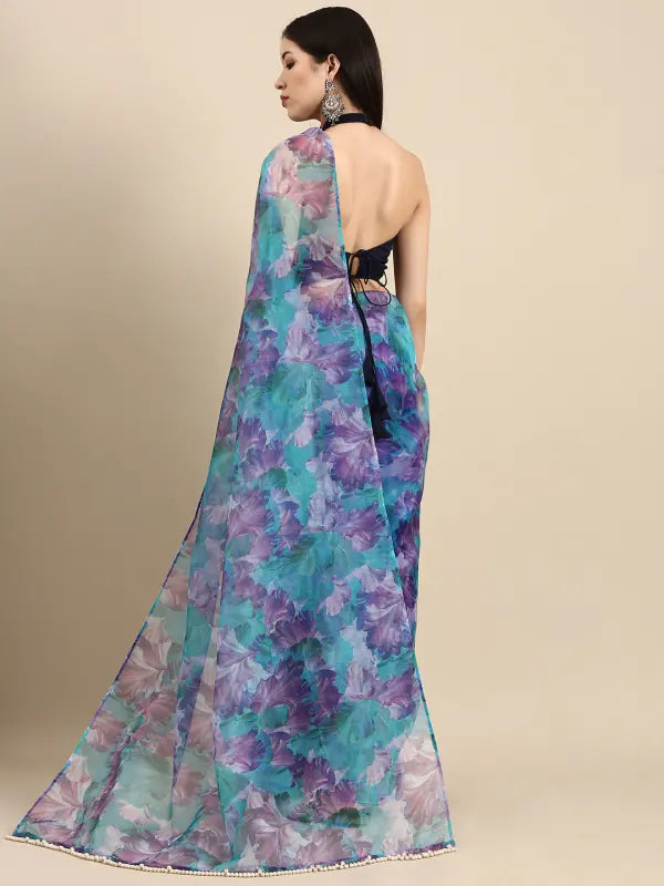 Multicolor floral print organza saree for women