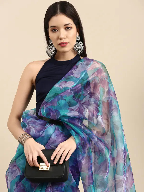 Multicolor floral print organza saree for women