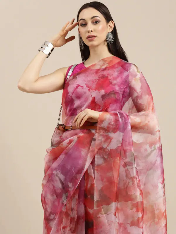 Multicolor printed Organza Saree