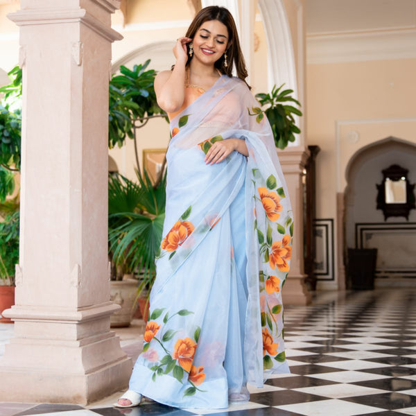 Aqua Blue Floral Printed Organza Saree