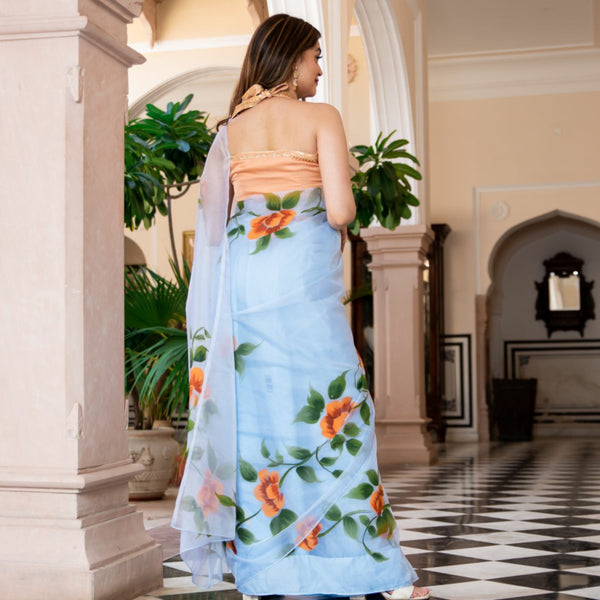 Aqua Blue Floral Printed Organza Saree