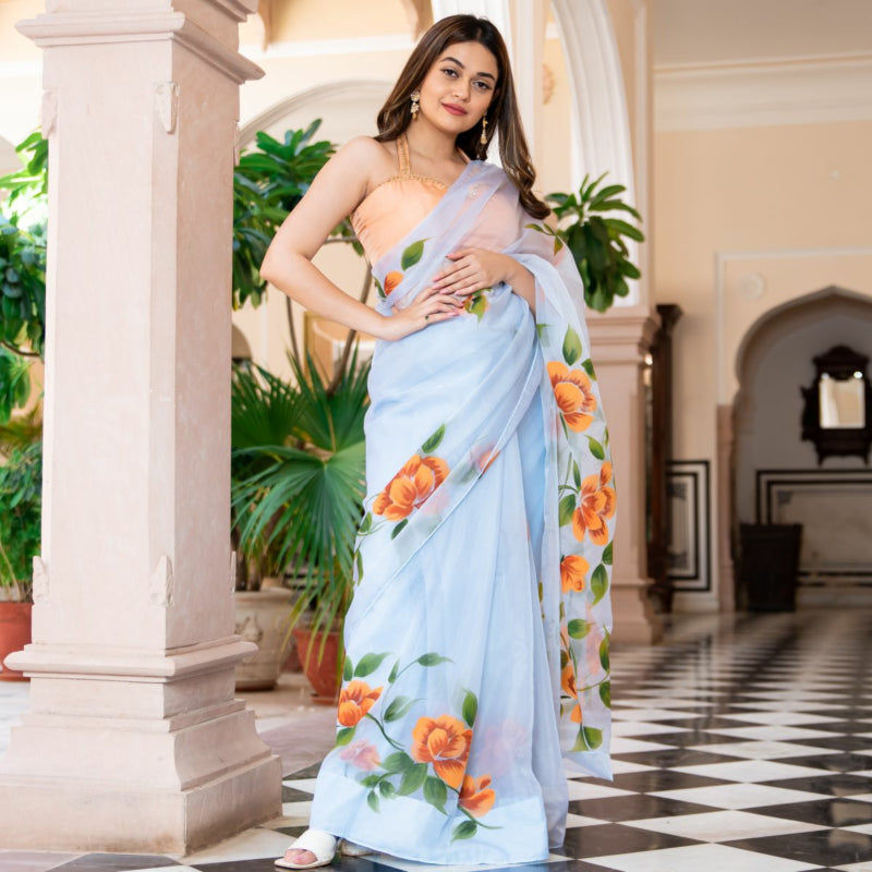 Aqua Blue Floral Printed Organza Saree