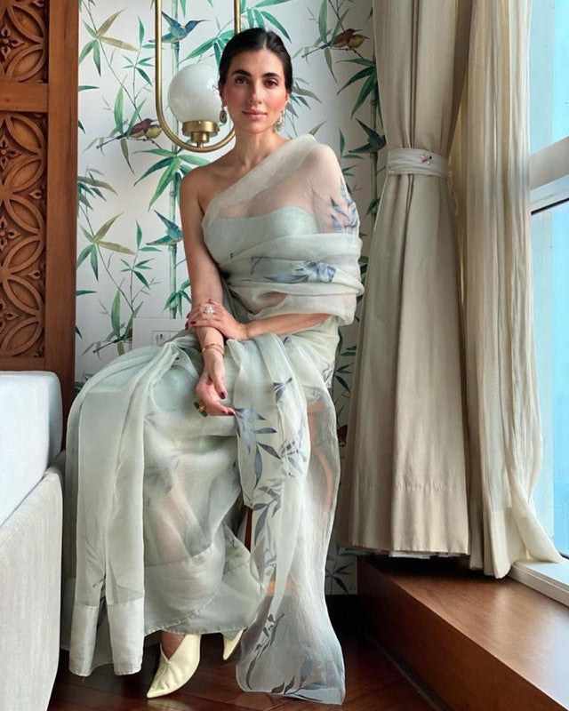 Grey leaf printed beautiful look organza saree