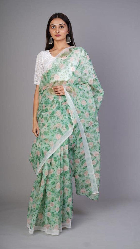 Green floral print organza saree for women