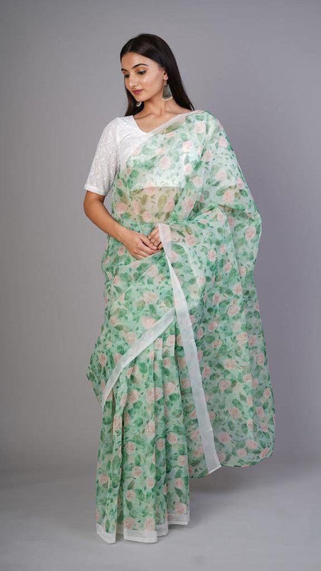 Green floral print organza saree for women