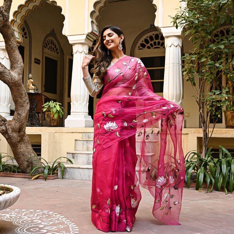 Red Floral Border beautiful look organza saree