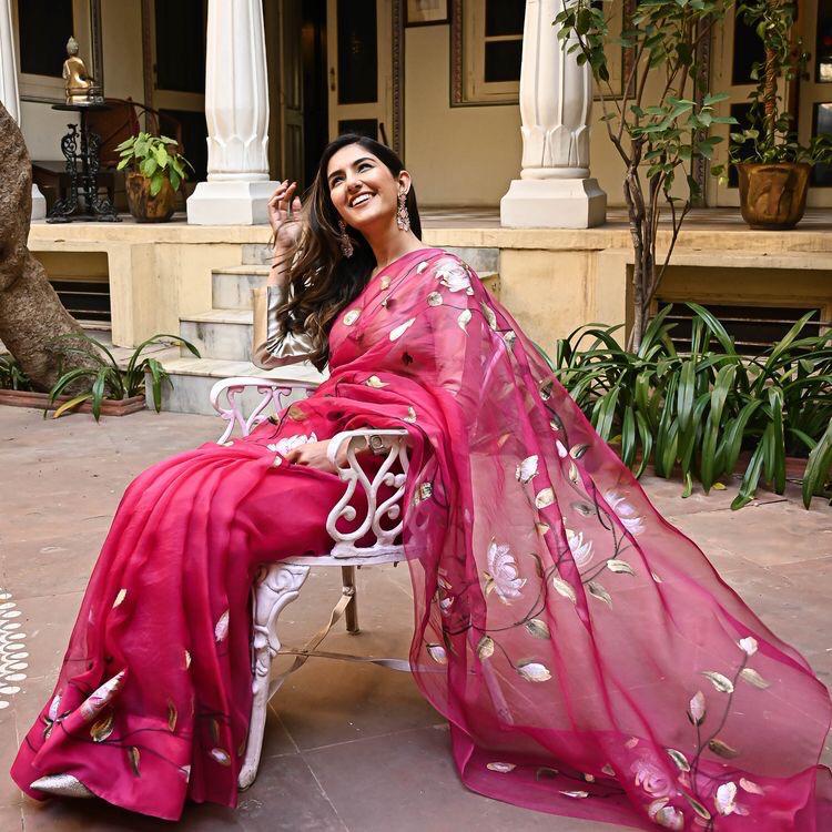 Red Floral Border beautiful look organza saree