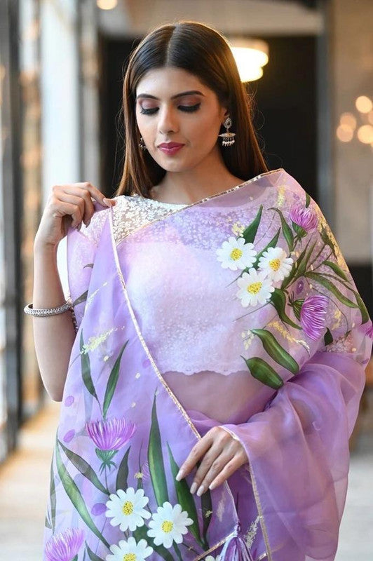 Purple Floral and leaf party wear Organza Printed saree