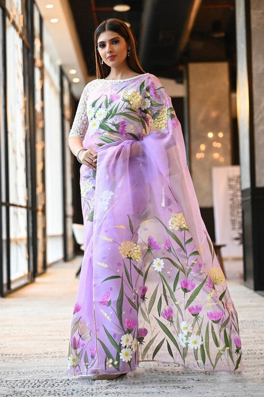 Purple Floral and leaf party wear Organza Printed saree