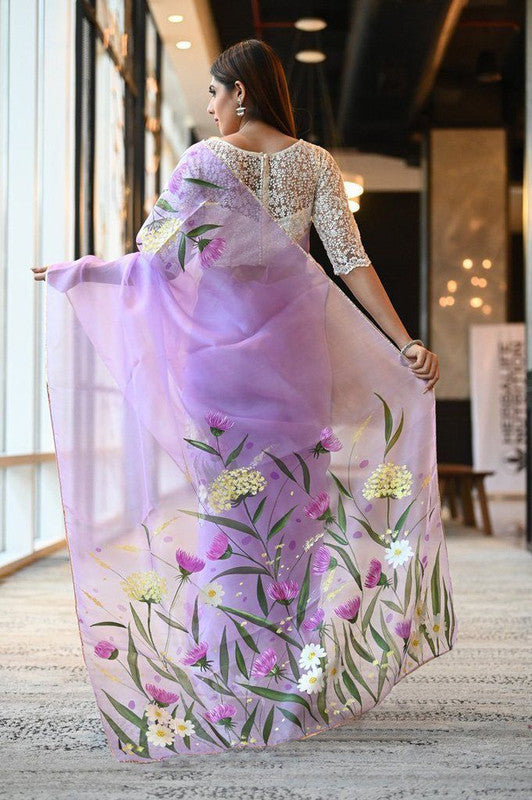 Purple Floral and leaf party wear Organza Printed saree