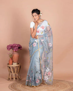 Grey floral printed beautiful look organza saree