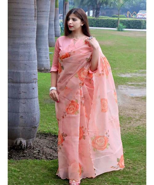 Pink Floral butta Organza Printed saree