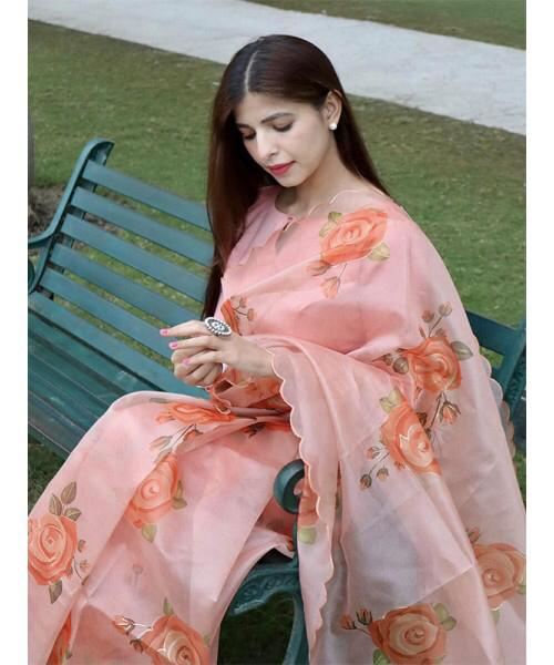 Pink Floral butta Organza Printed saree