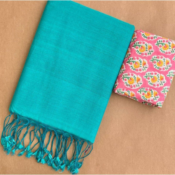 Turquoise colour traditional looking Chanderi cotton saree