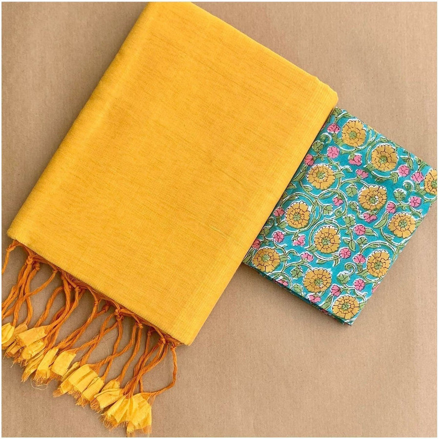 Yellow traditional looking chanderi cotton saree