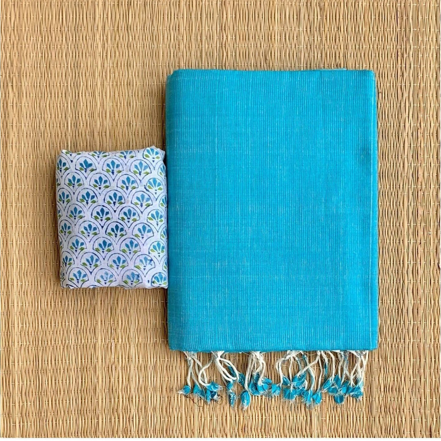 Turquoise colour traditional looking chanderi cotton saree